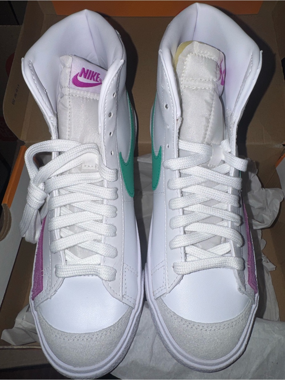 Nike White High-Top Sneakers with Teal Swoosh & Pink Accents